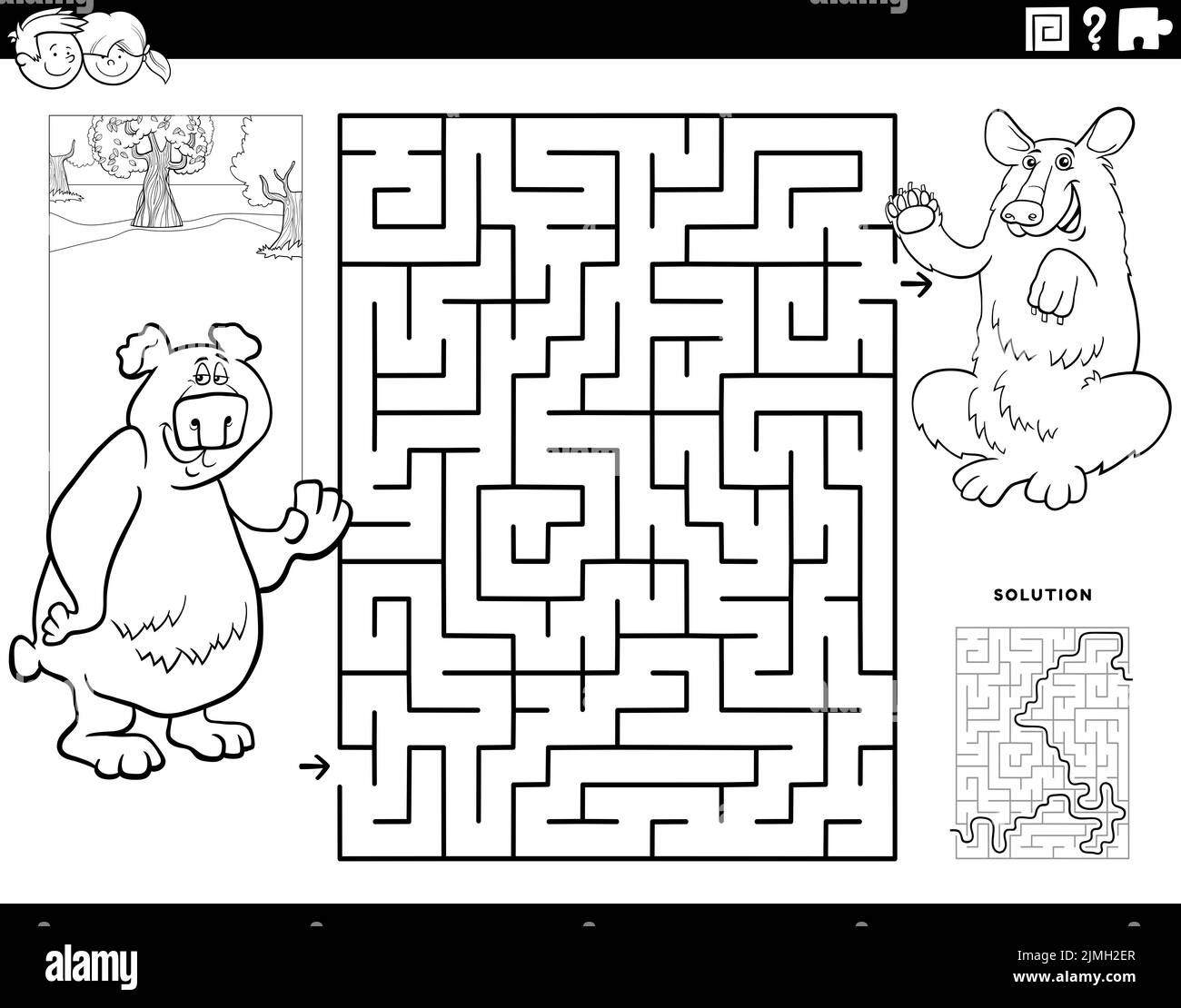 Maze with cartoon bears animal characters coloring book page Stock