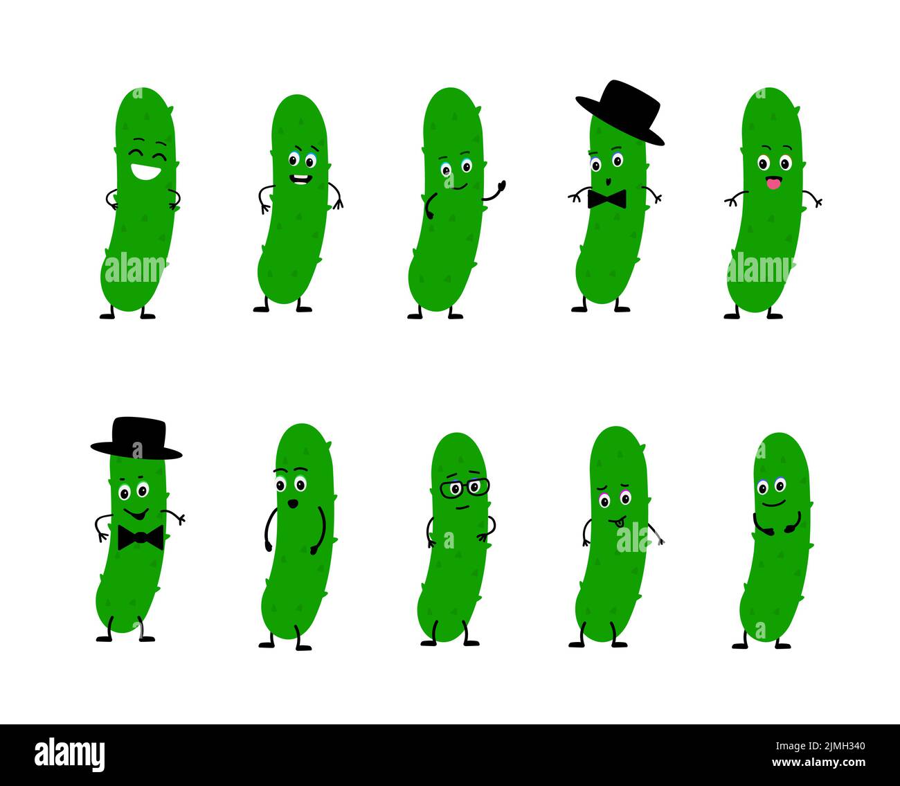 cucumber character with funny face. Happy cute cartoon emoji set. Cute