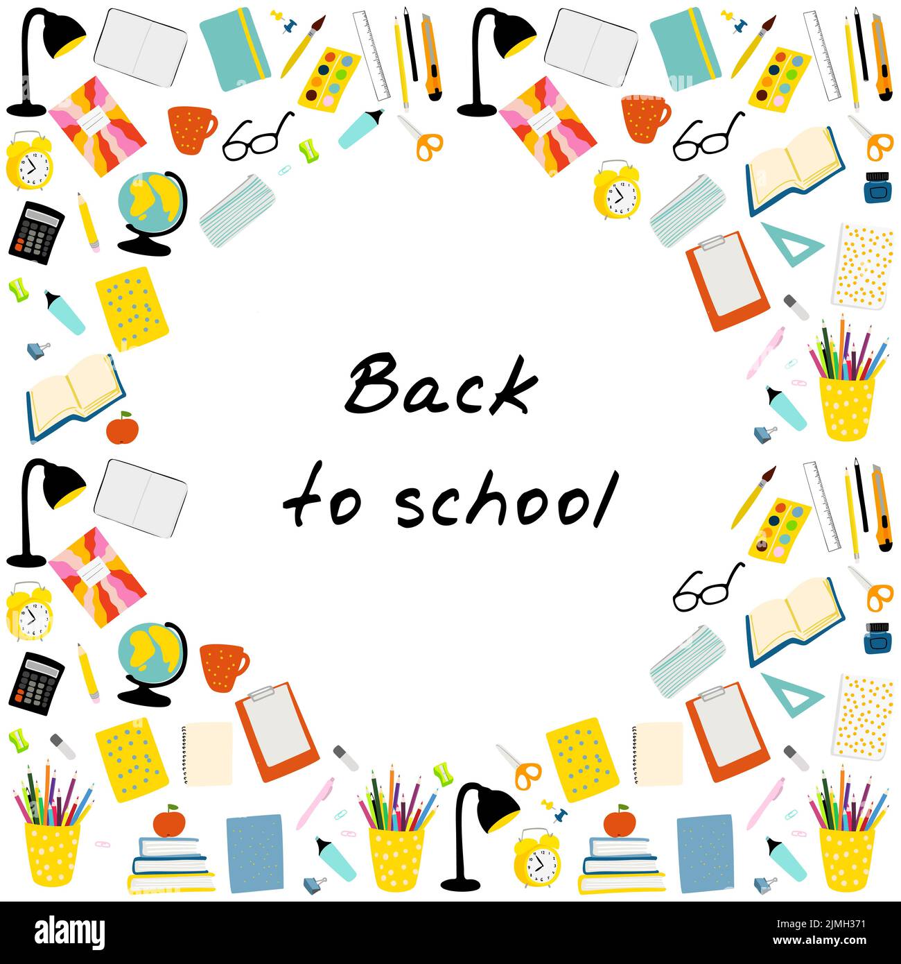 Back to school frame illustration with school stationery on white