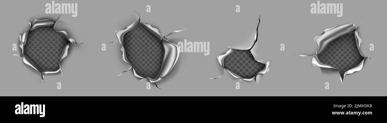 Metal rip holes with curly edges, ragged cracks, cut damage on steel sheet. Torn slash, gun aperture design element isolated on transparent background Stock Vector