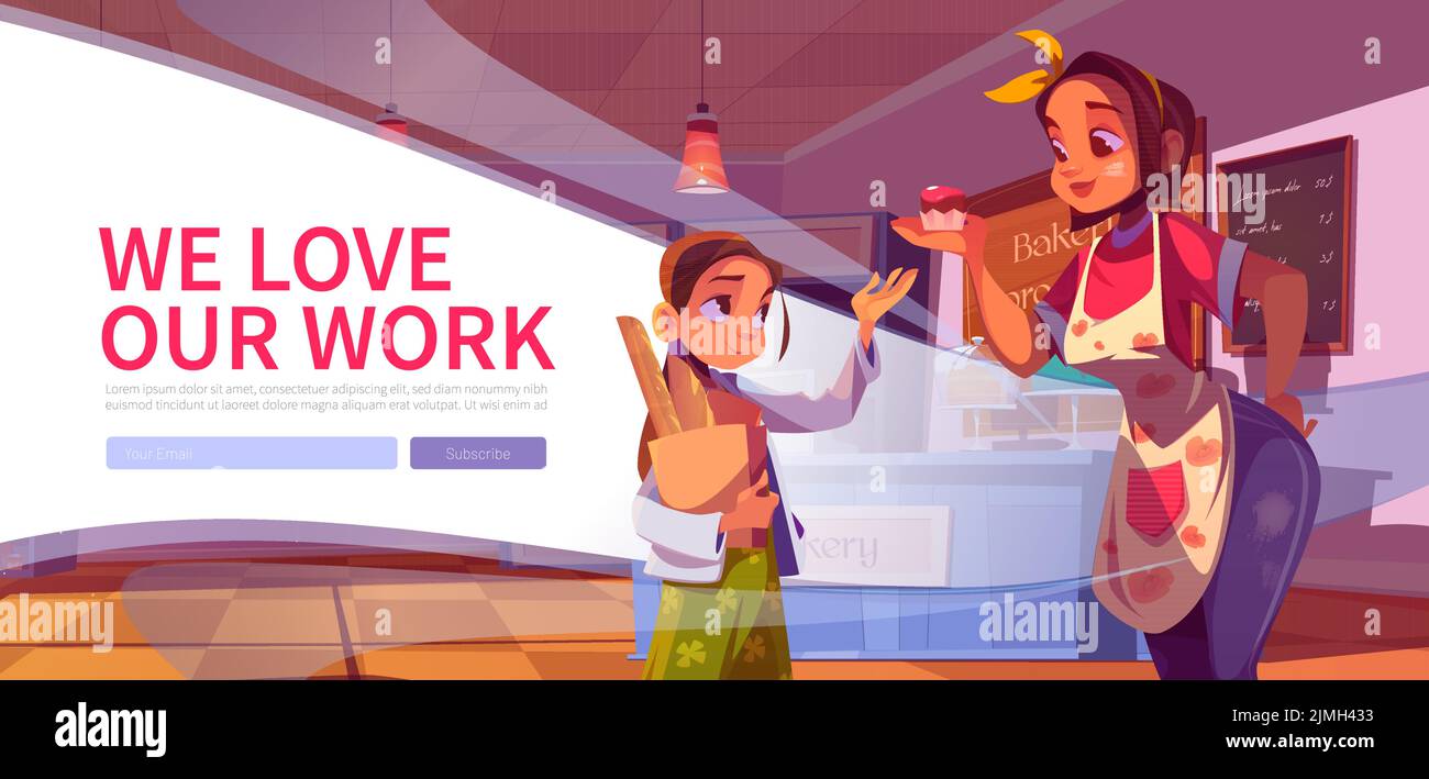We love our work web banner, bakehouse service concept. Girl buying products in bakery, saleswoman giving cupcake to little customer with bread in bag Stock Vector