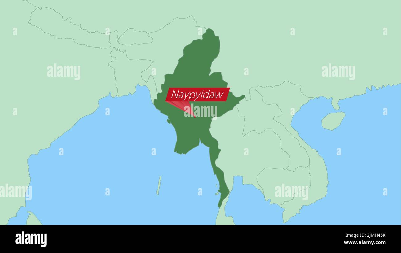 Map of Myanmar with pin of country capital. Myanmar Map with neighboring countries in green color. Stock Vector