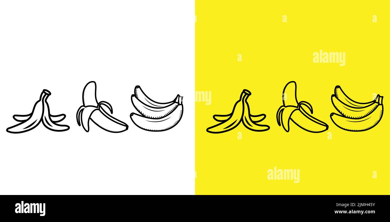 Line Art of Bananas. Single Banana , Half Peeled Banana, group of