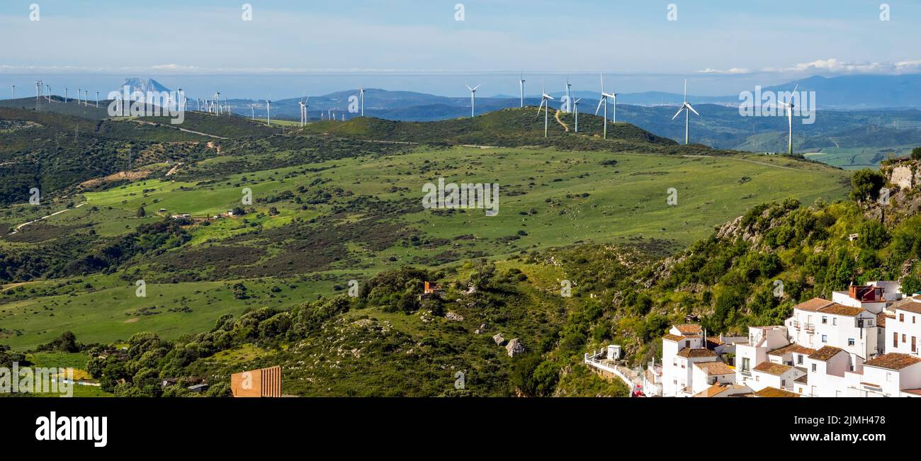 CASARES, ANDALUCIA/SPAIN - MAY 5 : View of windmills and Casares in Spain on May 5, 2014 Stock Photo