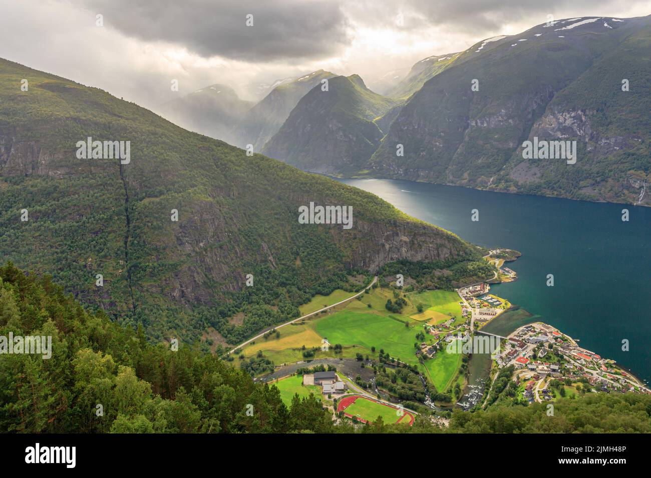 Evening view from Stegasteinen outlook to the Aurlandsfjord Stock Photo