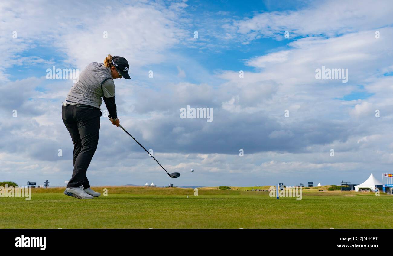 Gullane, Scotland, UK. 6th August 2022. Third round of the AIG Women’s Open golf championship at Muirfield in East Lothian. Pic; Ashleigh Buhai drives on the 10th hole.  Iain Masterton/Alamy Live News Stock Photo