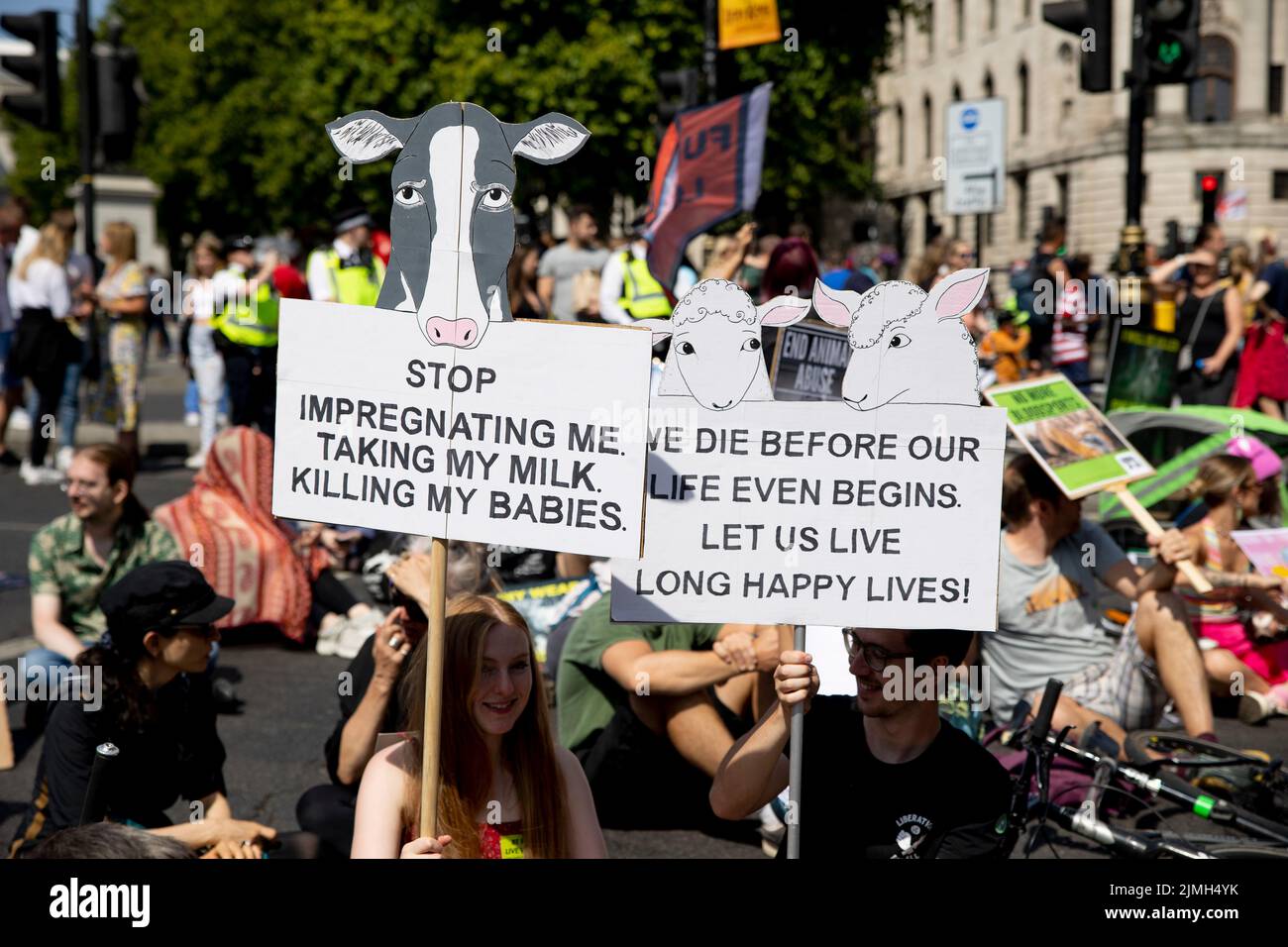 Placards supporting animal rights are seen during the sit-down protest ...