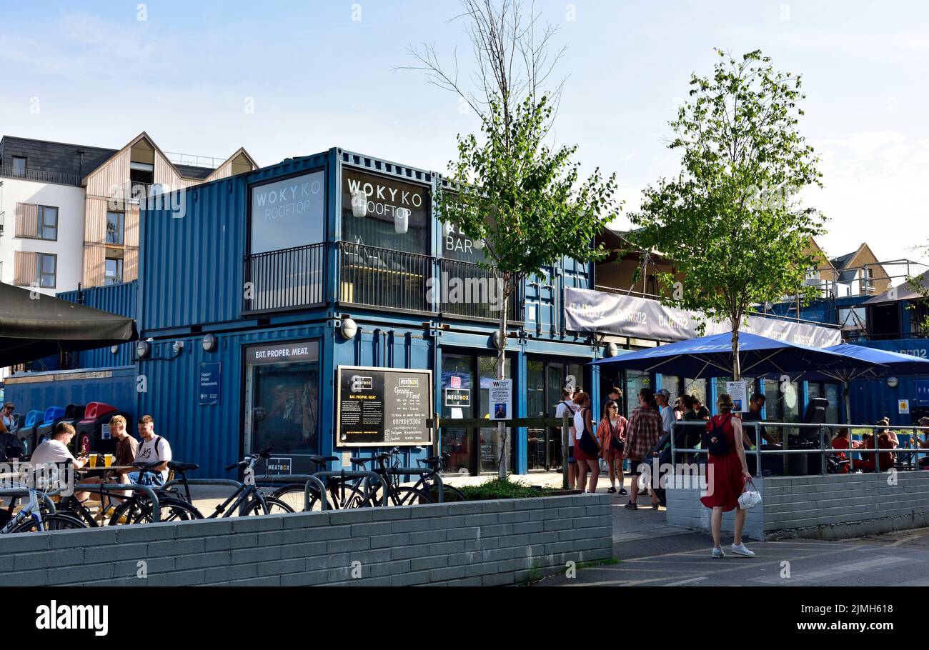 Bristol Wapping Wharf along Museum Street temporary restaurants and business in shipping containers, places to eat and drink Stock Photo