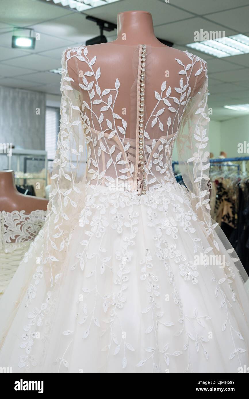 Beautiful bride's dress close-up view from behind Stock Photo