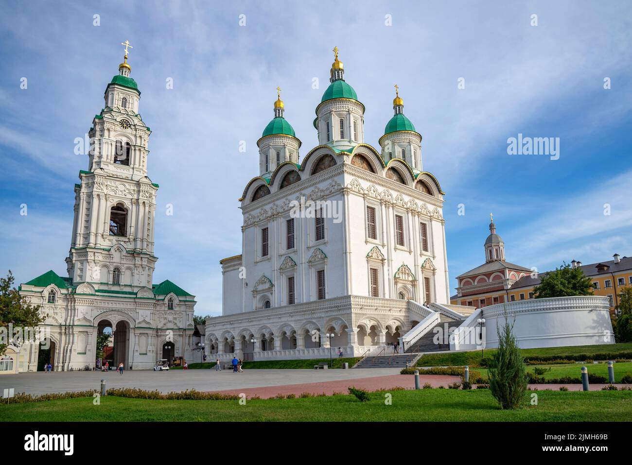 ASTRAKHAN, RUSSIA - SEPTEMBER 22, 2021: Prechistenskaya Bell Tower and Assumption Cathedral. Astrakhan Kremlin Stock Photo