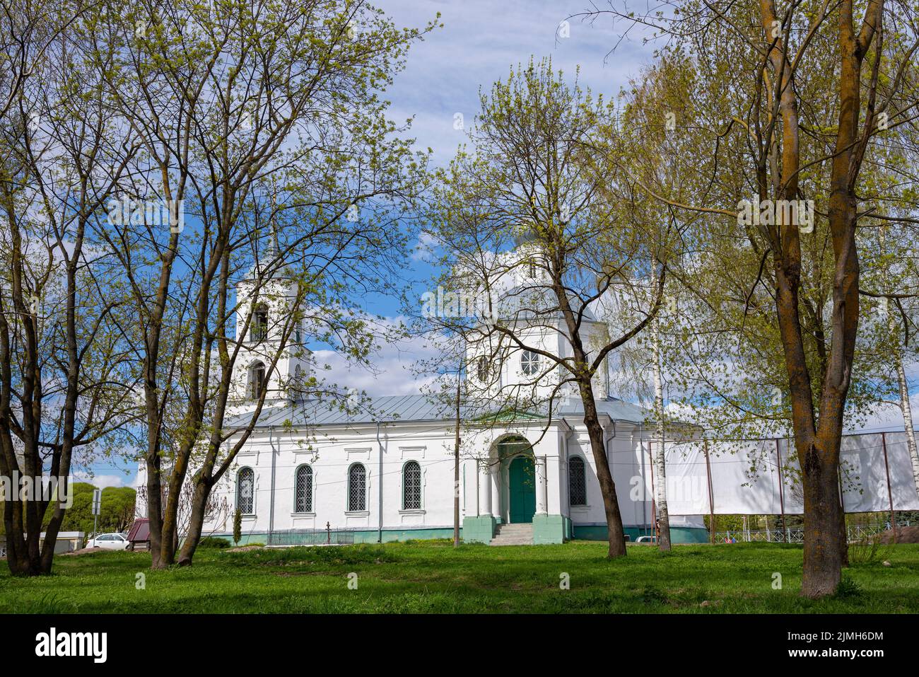 View of the Trinity Cathedral through the spring foliage. Ostrov, Pskov region Stock Photo