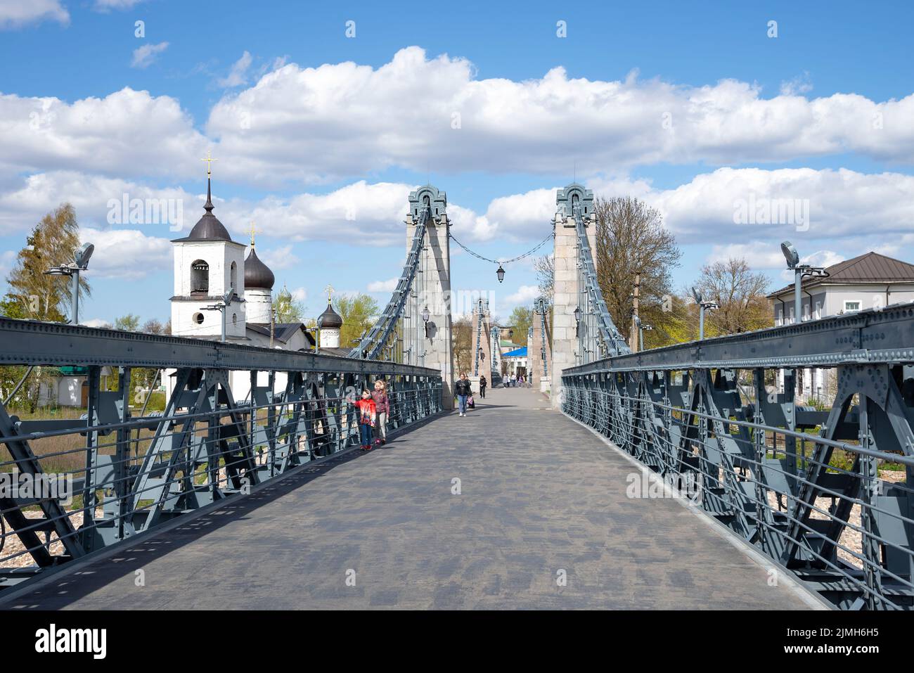 OSTROV, RUSSIA - MAY 08, 2022: Cable-stayed bridge over the Velikaya River close-up. Ostrov, Pskov region, Russia Stock Photo