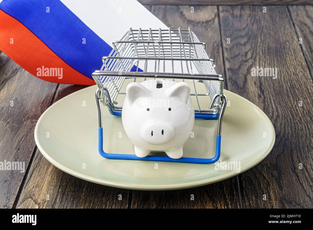 Piggy bank on plate under shop basket and Russian flag. Trade inflation concept Stock Photo
