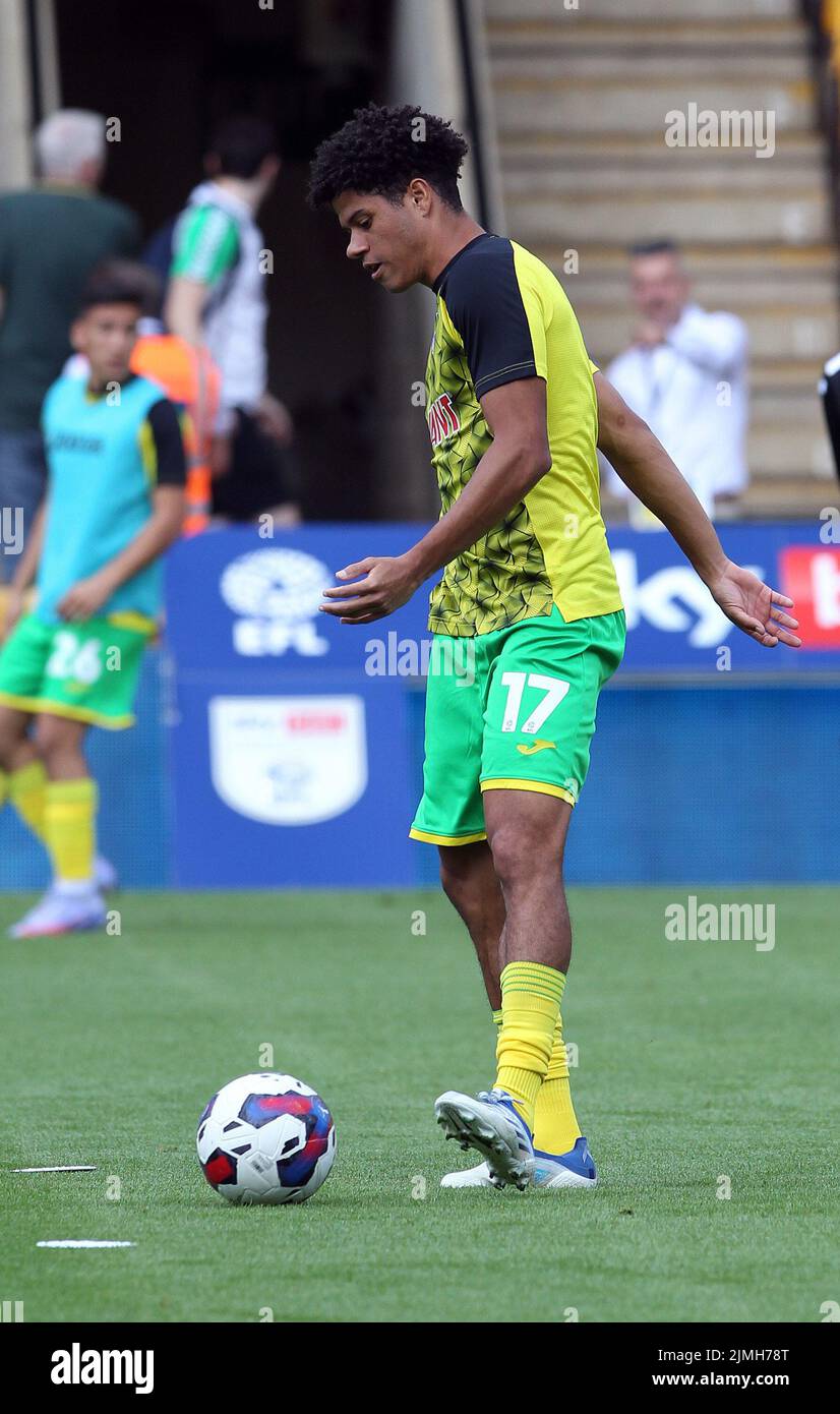 Norwich, UK. 06th Aug, 2022. Gabriel Sara of Norwich City warms up before the Sky Bet Championship match between Norwich City and Wigan Athletic at Carrow Road on August 6th 2022 in Norwich, England. (Photo by Mick Kearns/phcimages.com) Credit: PHC Images/Alamy Live News Stock Photo