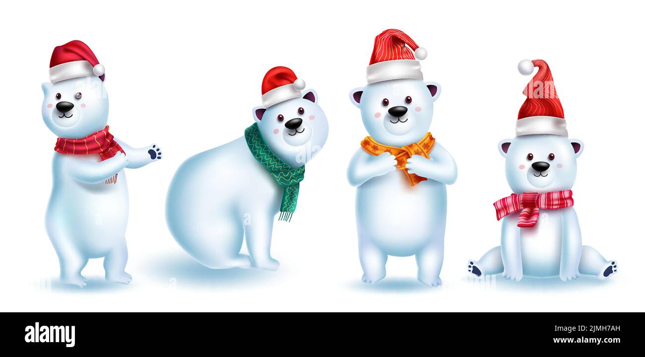 Christmas bear characters vector set. Christmas polar bear 3d cute character with santa hat isolated in white background for friendly snow animal. Stock Vector