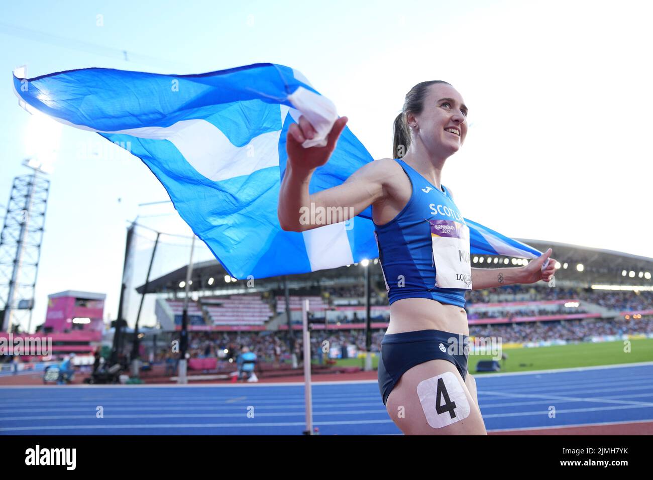 Scotland's Laura Muir celebrates winning bronze after the Women's 800m Final at Alexander Stadium on day nine of the 2022 Commonwealth Games in Birmingham. Picture date: Saturday August 6, 2022. Stock Photo