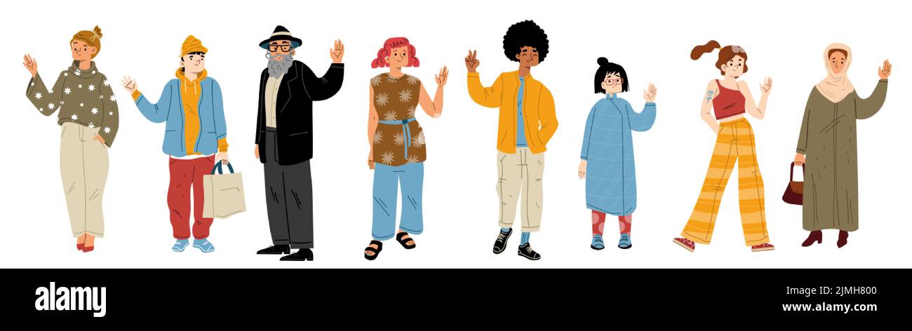 Diverse people waving hand isolated on white background. Multiracial