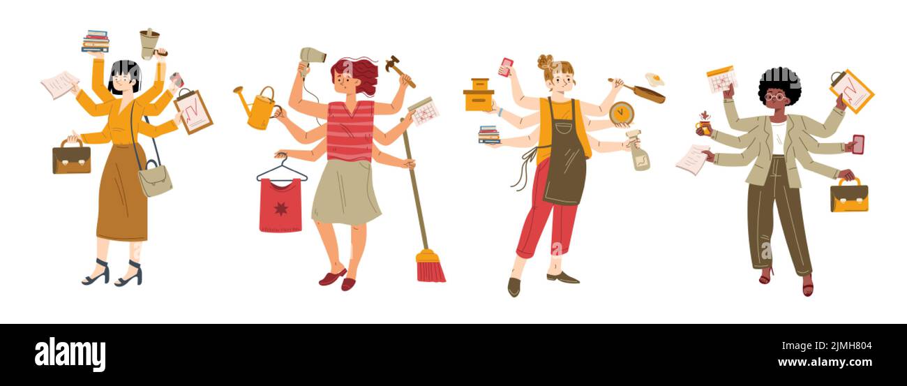 Multitasking women doing many tasks cartoon flat set. Illustration of