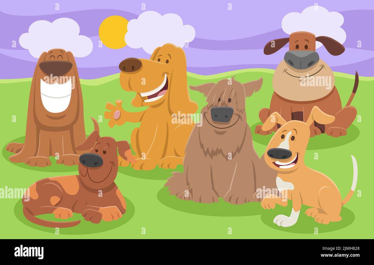 Happy cartoon dogs animal characters group Stock Photo - Alamy