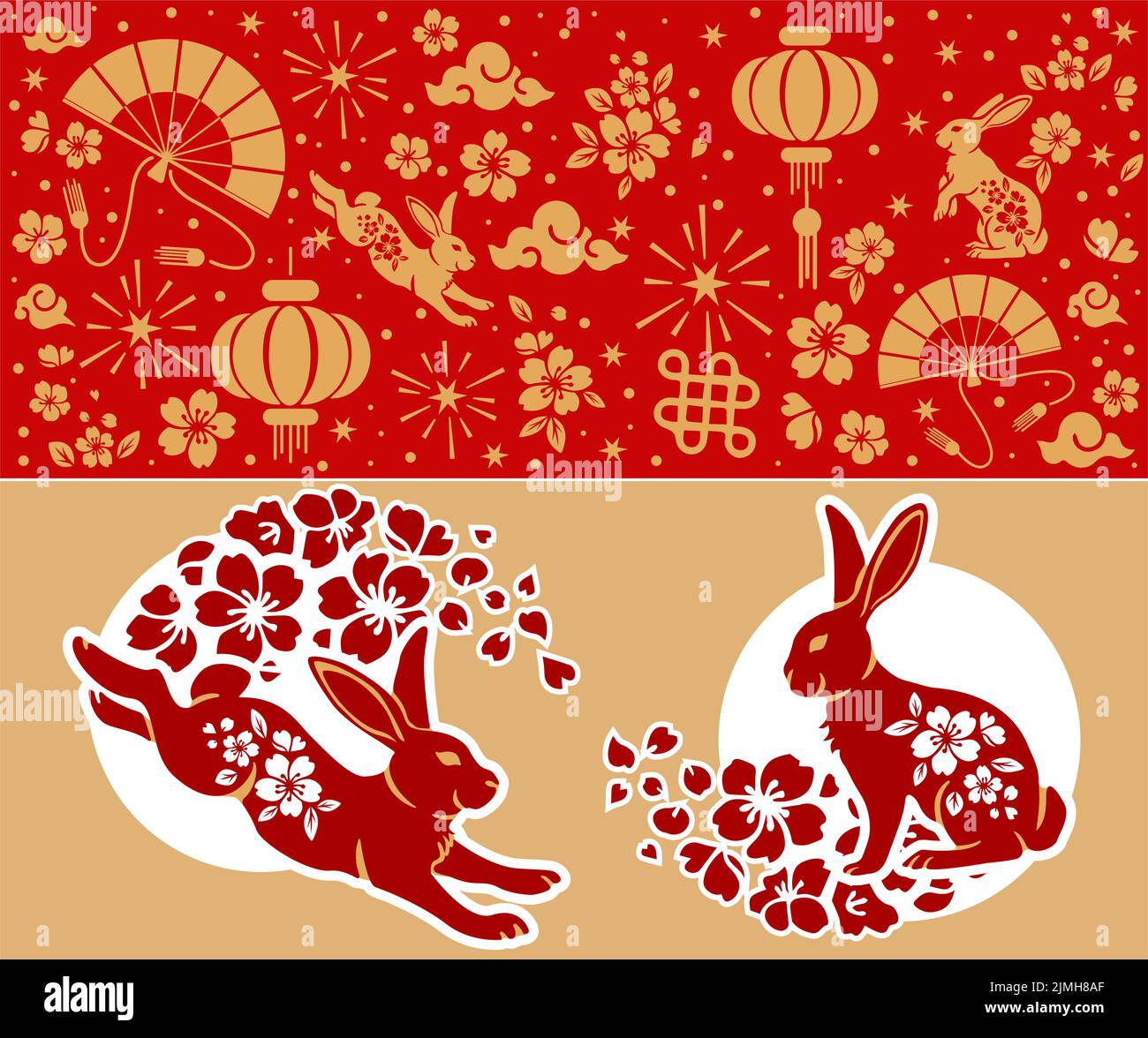 Happy Chinese New Year 2023 Year Of The Rabbit Zodiac Sign With  Flower,lantern,asian Elements Gold Paper Cut Style On Color Background.  (Translation : Happy New Year) Royalty Free SVG, Cliparts, Vectors, and