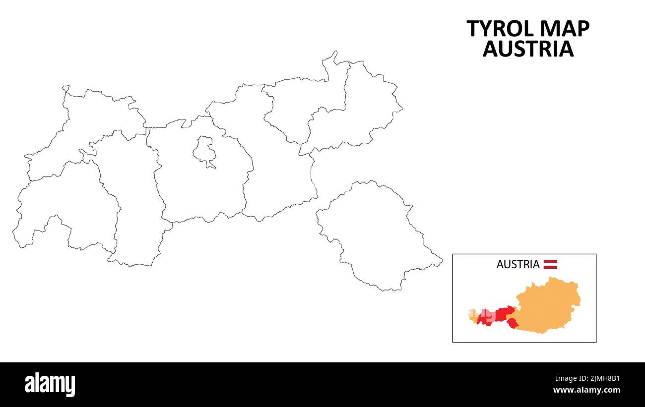Tyrol Map. State and district map of Tyrol. Political map of Tyrol with outline and black and white design. Stock Vector