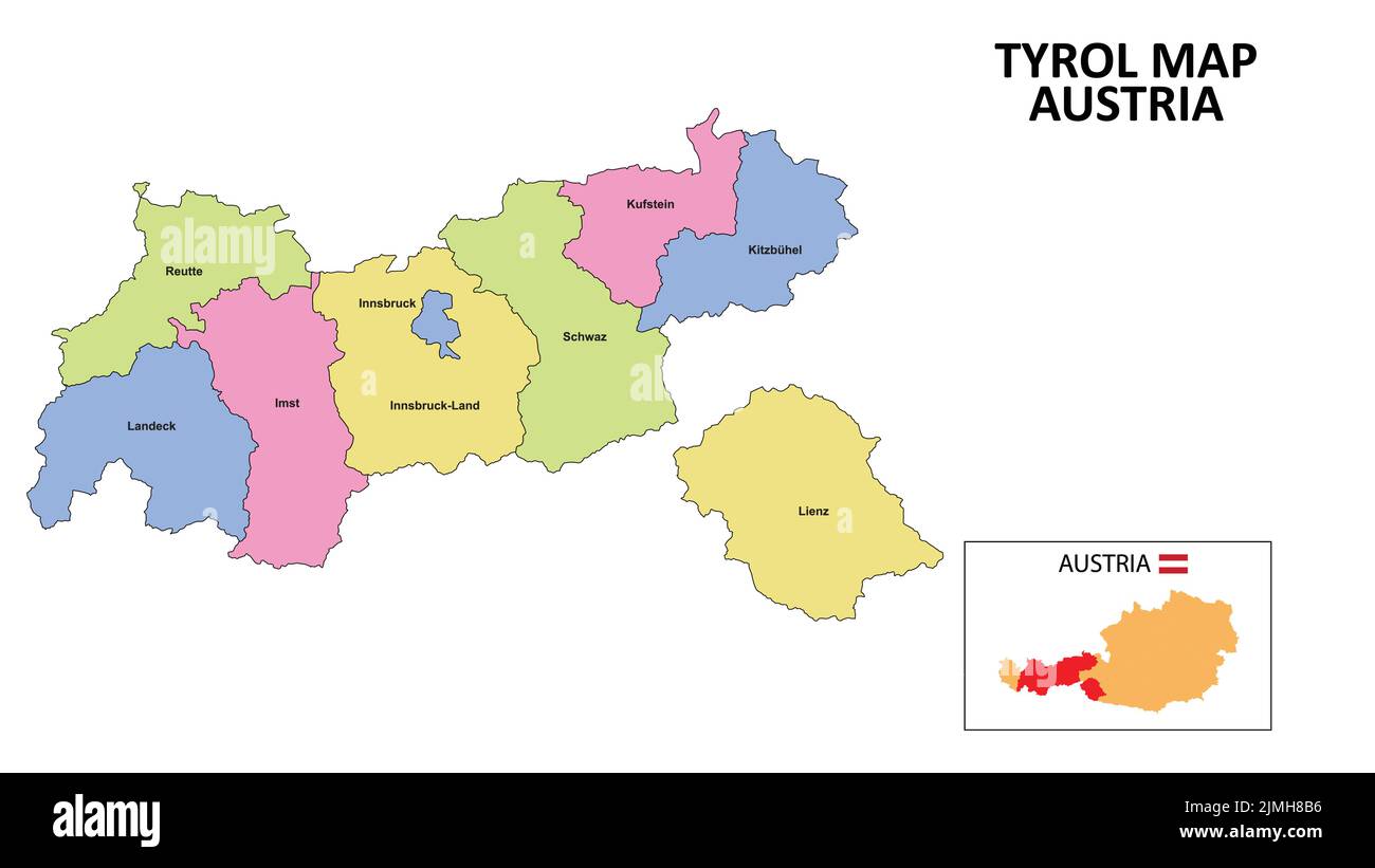 Tyrol Map. District map of Tyrol detailed map of Tyrol in color with capital. Stock Vector