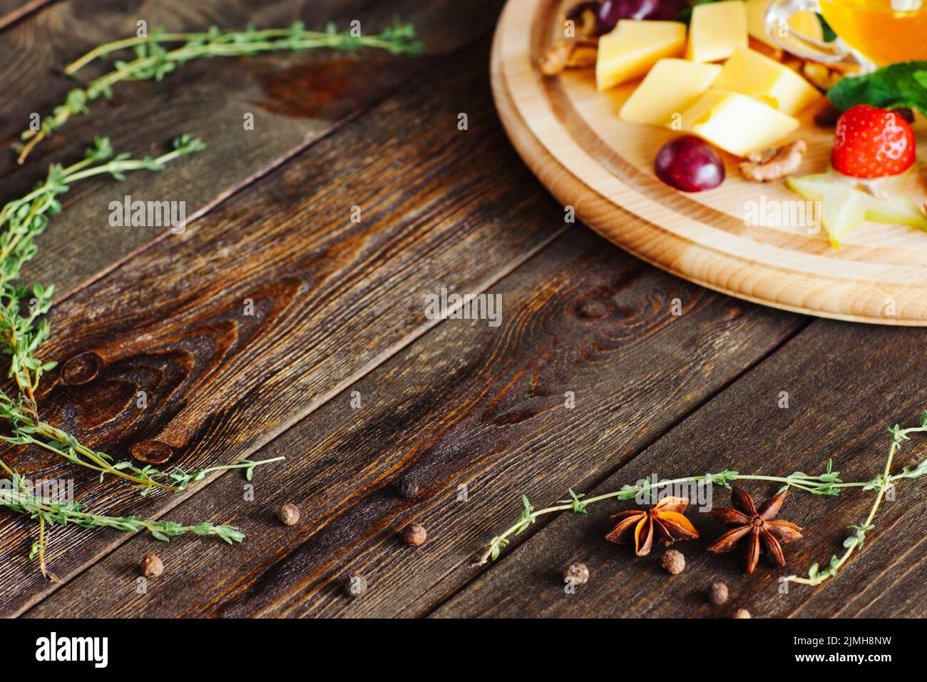 wine appetizers cheese fruit honey rustic table Stock Photo Alamy