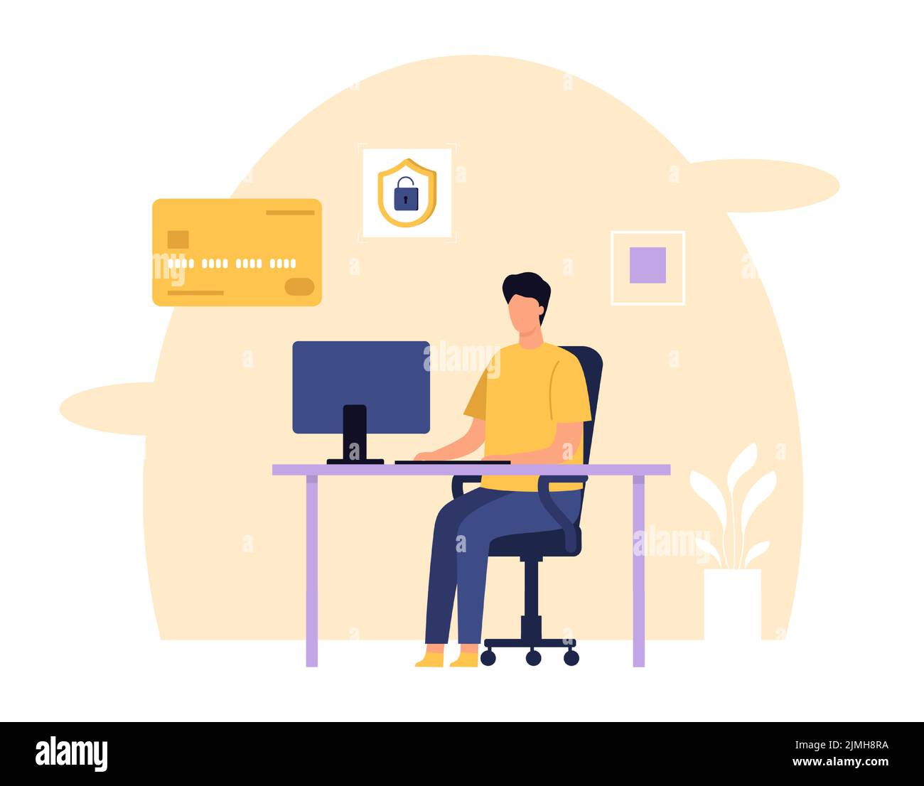 Security concept. Man programmer sitting at computer and coding database security software. Protecting data from stealing, preventing financial fraud Stock Vector