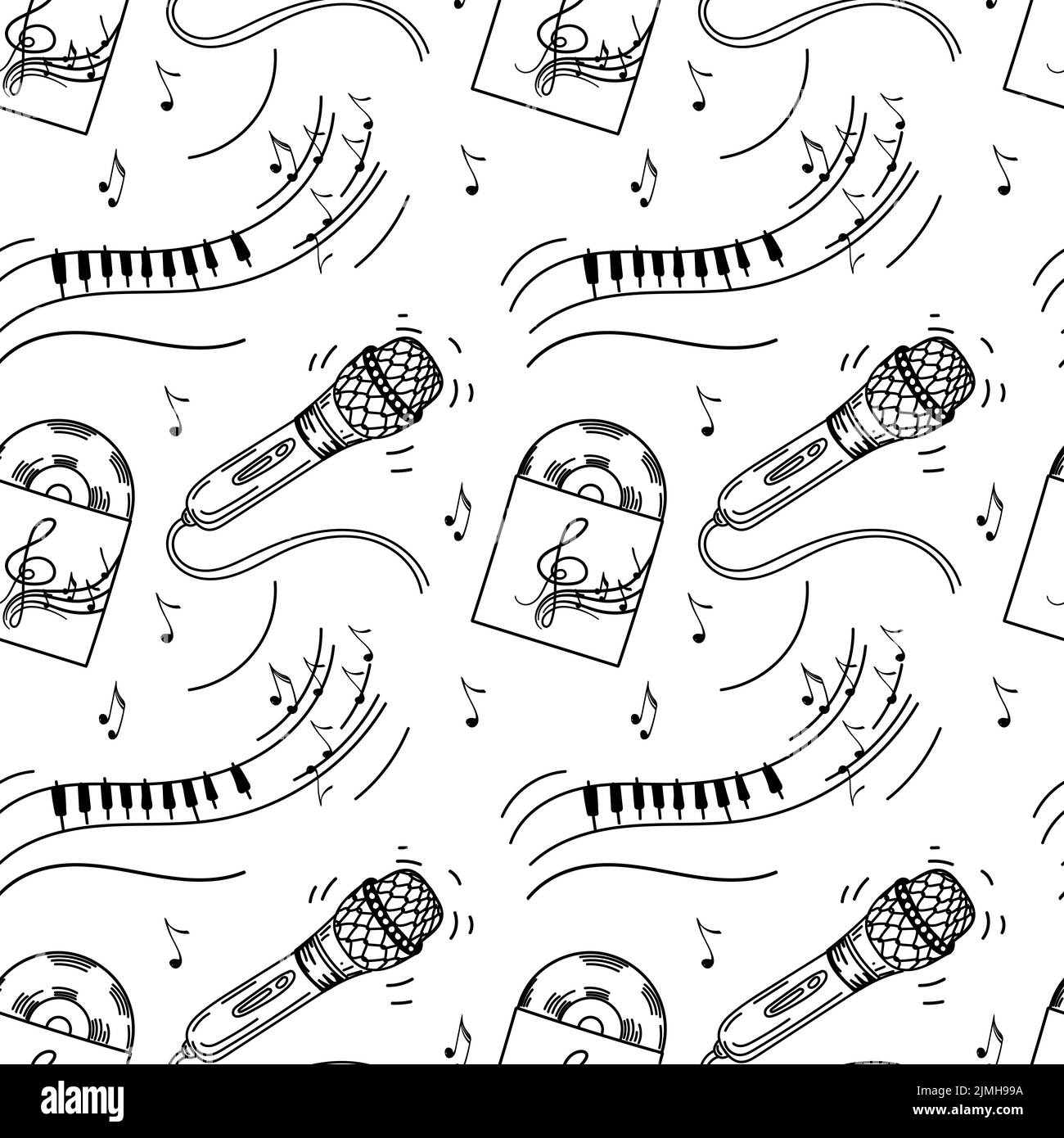 A seamless pattern of microphone, piano, vinyl record and sheet music. Hand-drawn doodle elements. Music. Inspiration. Music background, vector illust Stock Vector