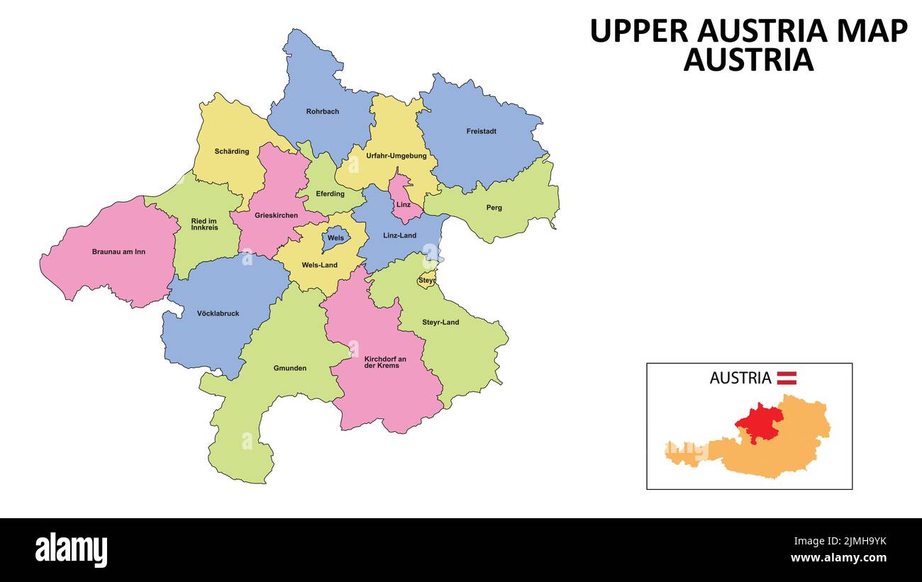 Upper Austria Map. District map of Upper Austria detailed map of Upper Austria in color with capital. Stock Vector