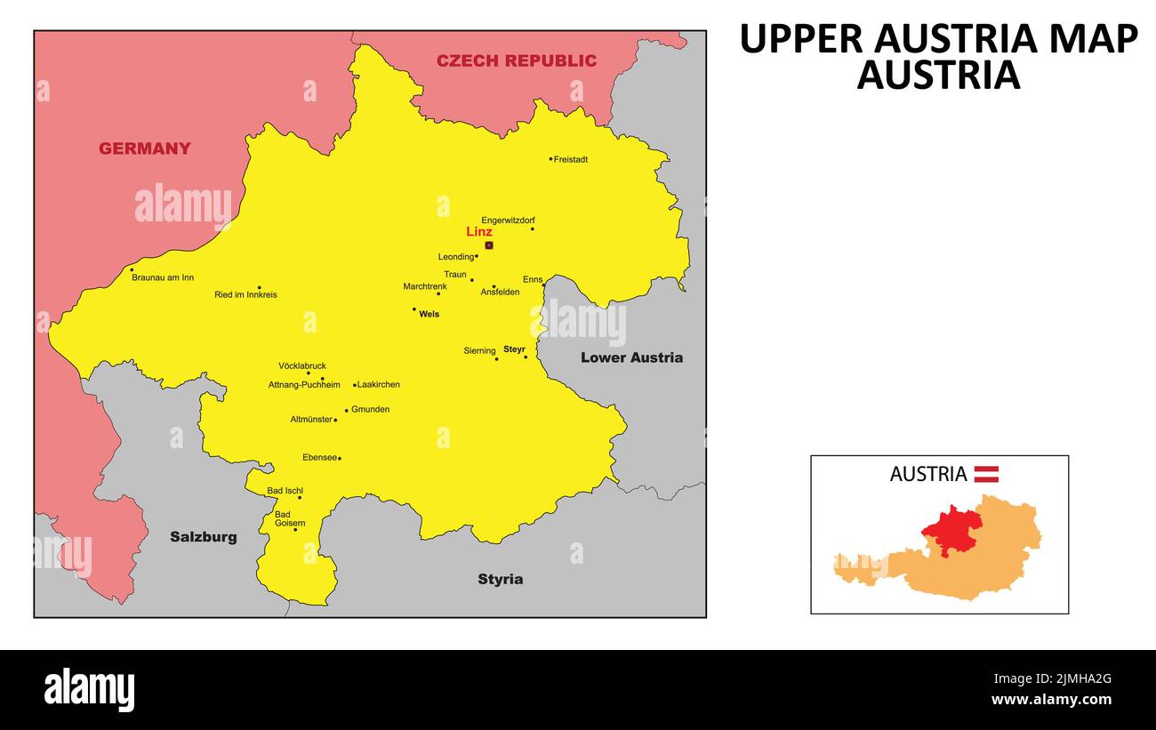 Upper Austria Map. State and district map of Upper Austria. Political map of Upper Austria with the major district Stock Vector