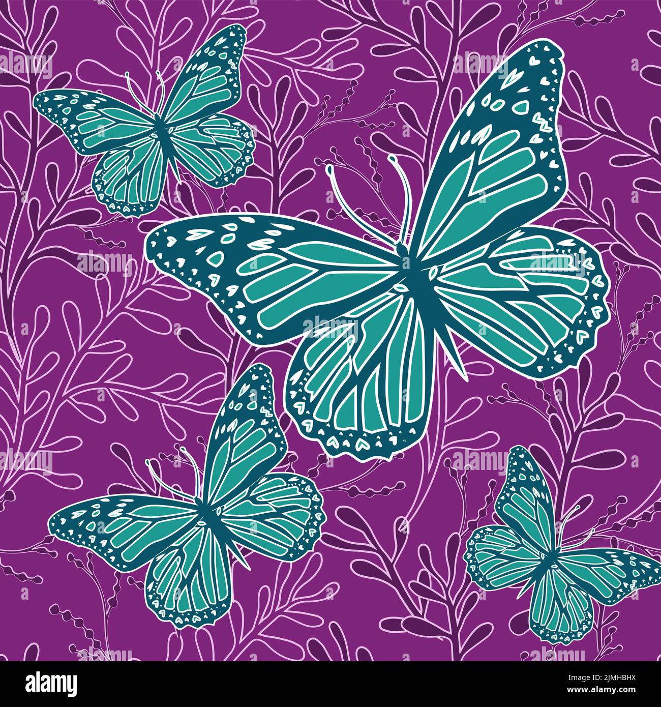 Seamless purple pattern with blue butterflies. Vector illustration ...