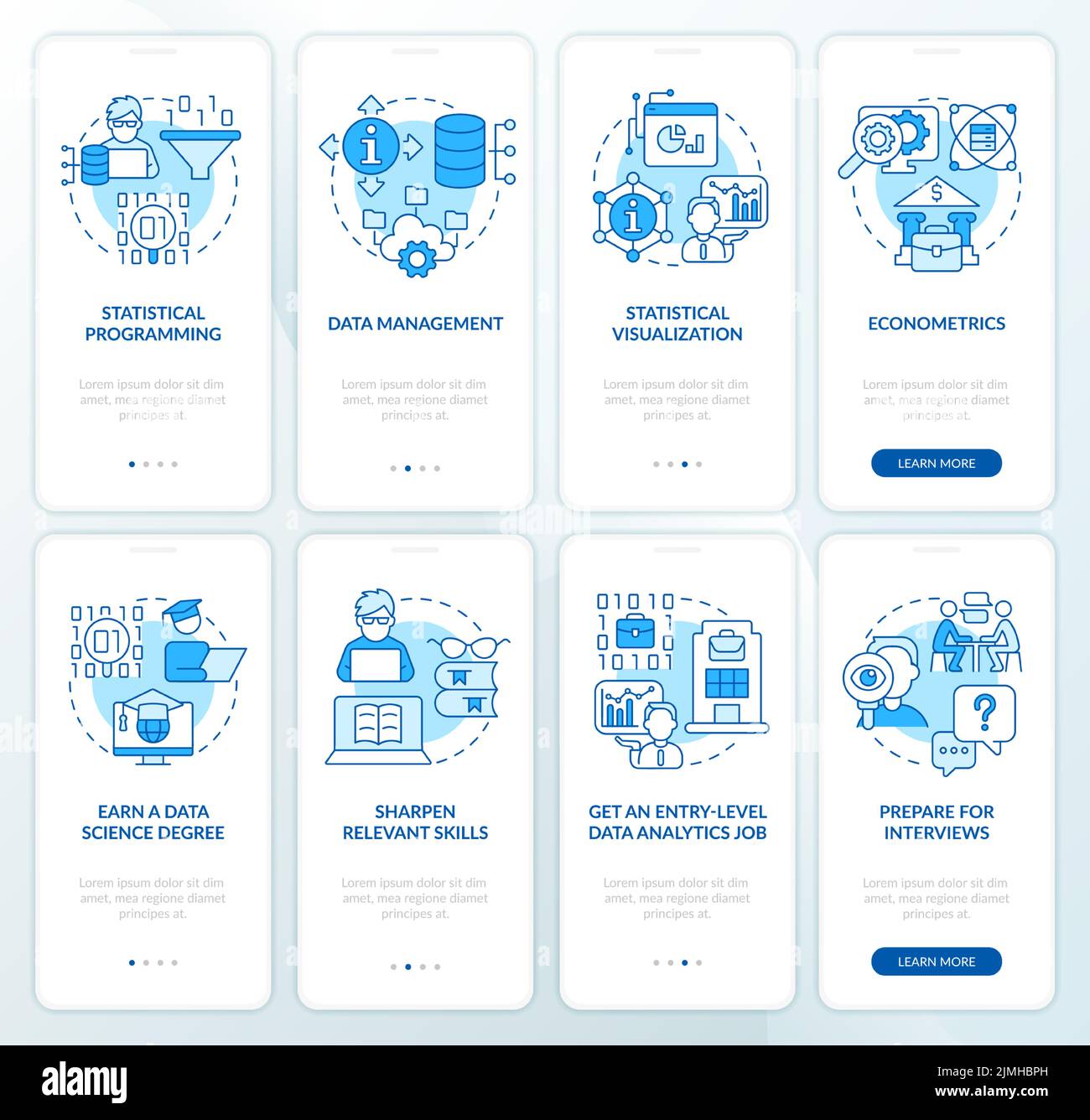 Data management expert blue onboarding mobile app screen set Stock Vector