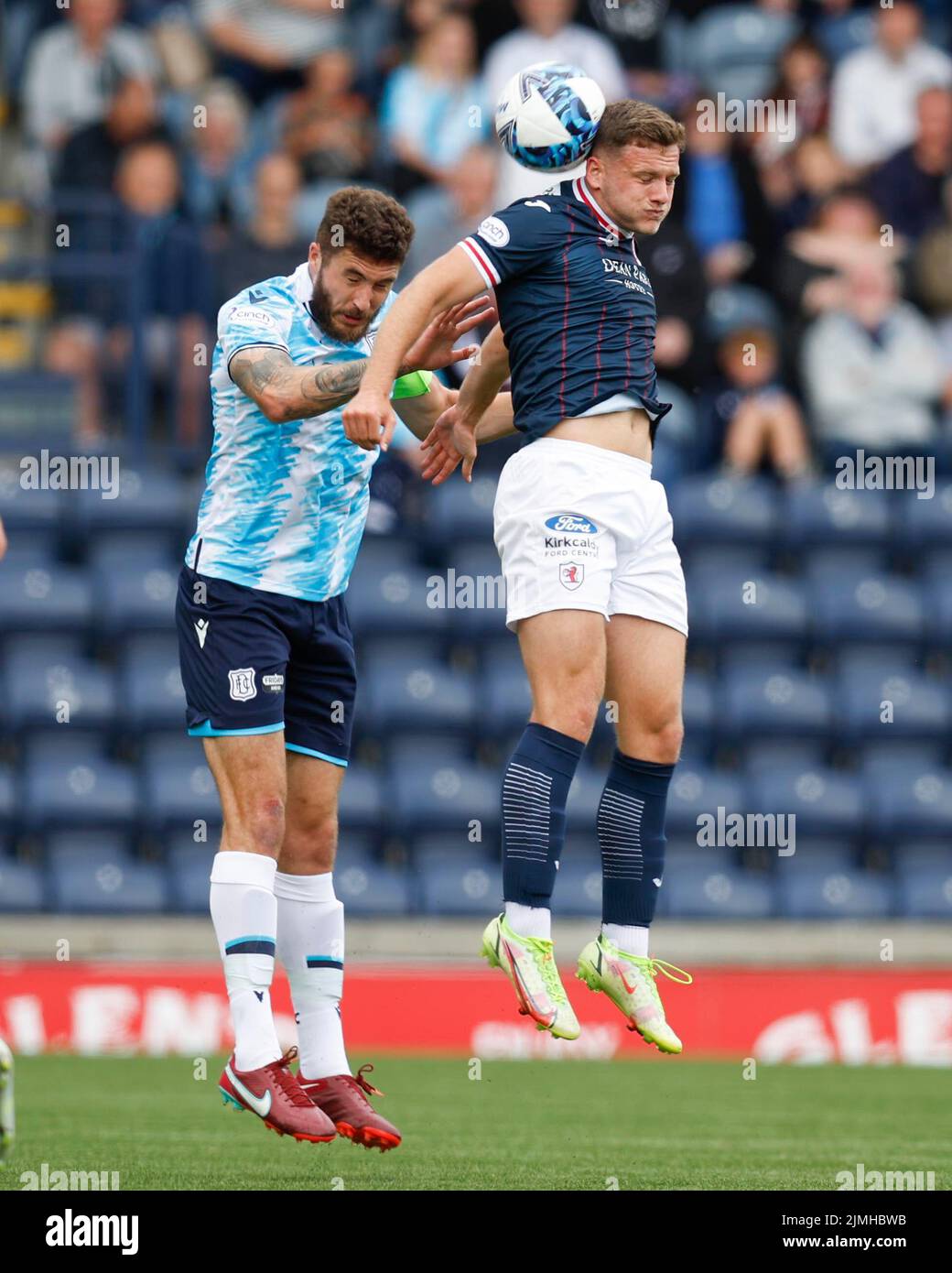 Starks Park, Kirkcaldy, Fife, UK. 6th Aug, 2022. Scottish Championship league football, Raith Rovers versus Dundee: Jamie Gullan of Raith Rovers competes in the air with Ryan Sweeney of Dundee Credit: Action Plus Sports/Alamy Live News Stock Photo