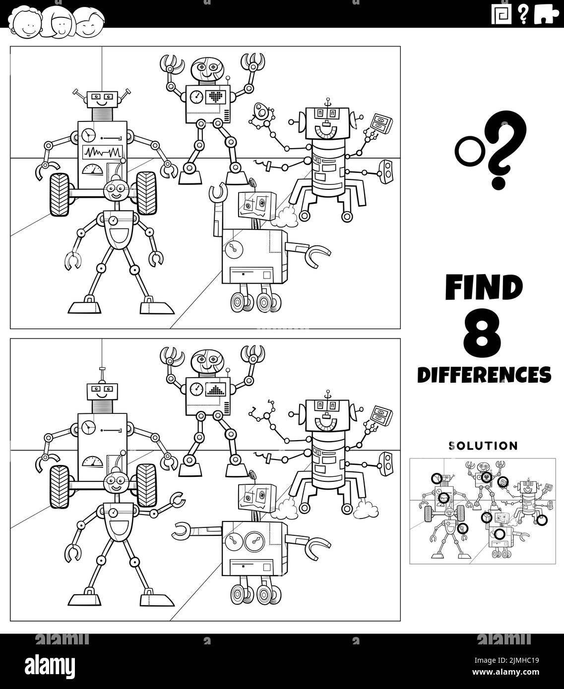 Differences educational task with robots coloring book page Stock Photo ...