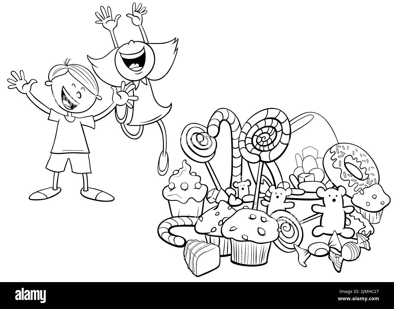 Cartoon children and a pile of sweets coloring book page Stock Photo