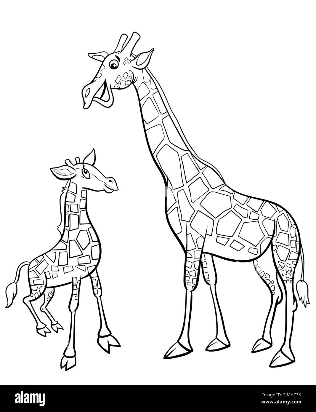 Cartoon baby giraffe with mother coloring book page Stock Photo