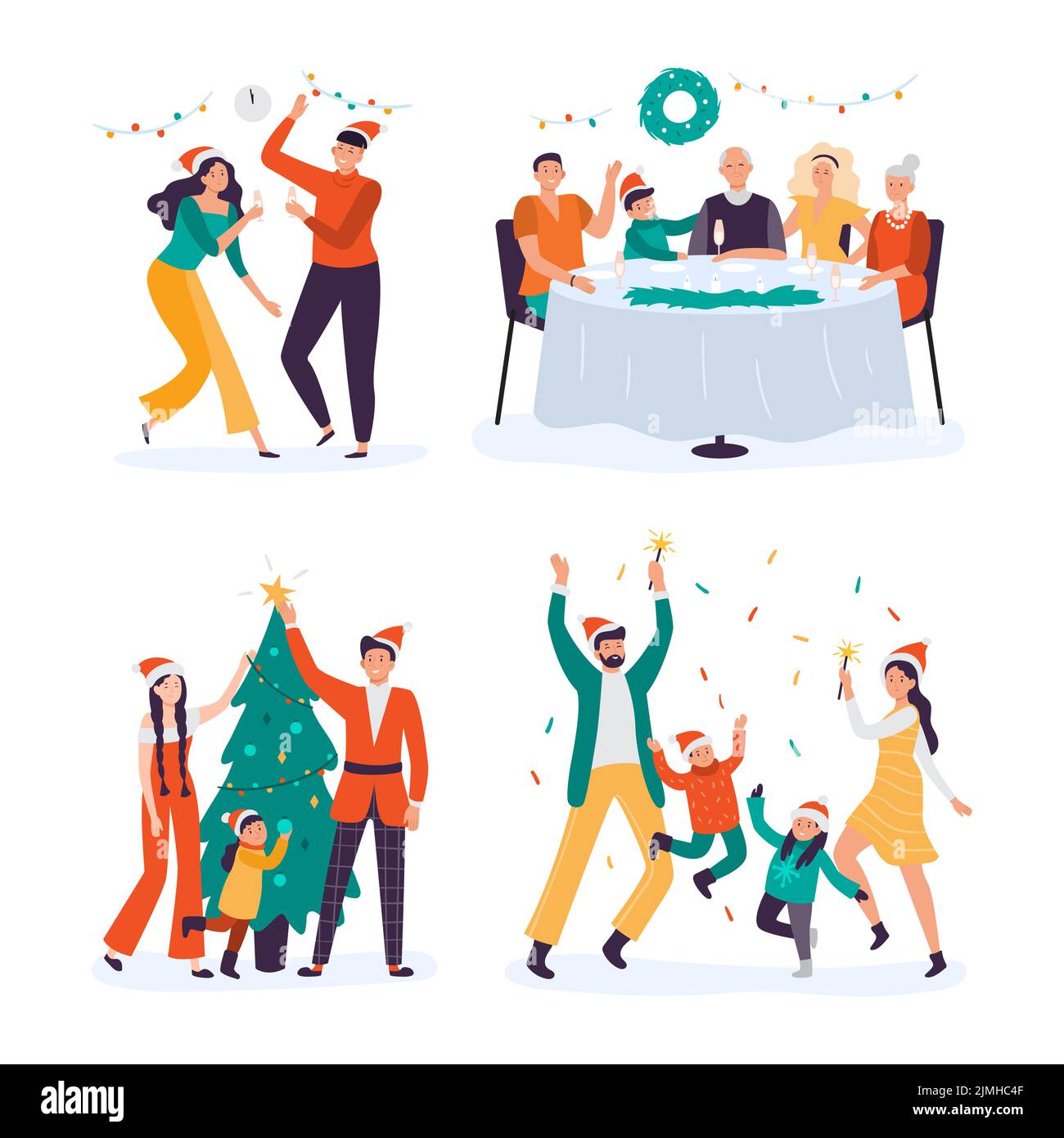 Christmas people celebrating holiday together. Family members sitting at table, drinking champagne at midnight. Couple with daughter decorating fir tr Stock Vector