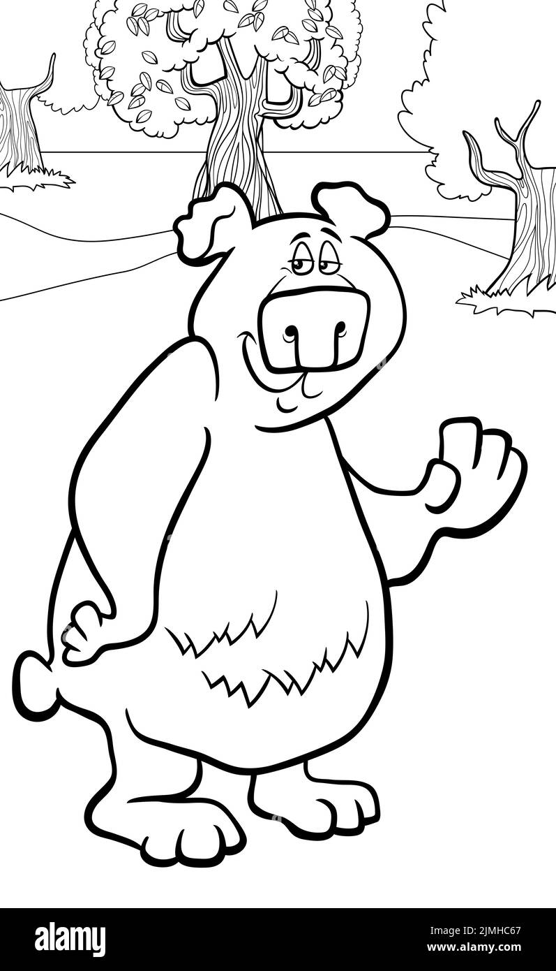 Cartoon bear comic animal character coloring book page Stock Photo