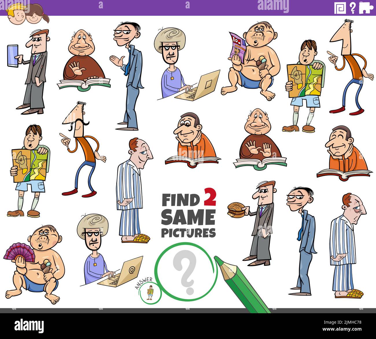 Find two same cartoon men characters educational task Stock Photo - Alamy