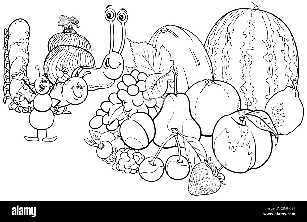 Cartoon insects and snail with fresh fruit coloring book page Stock Photo