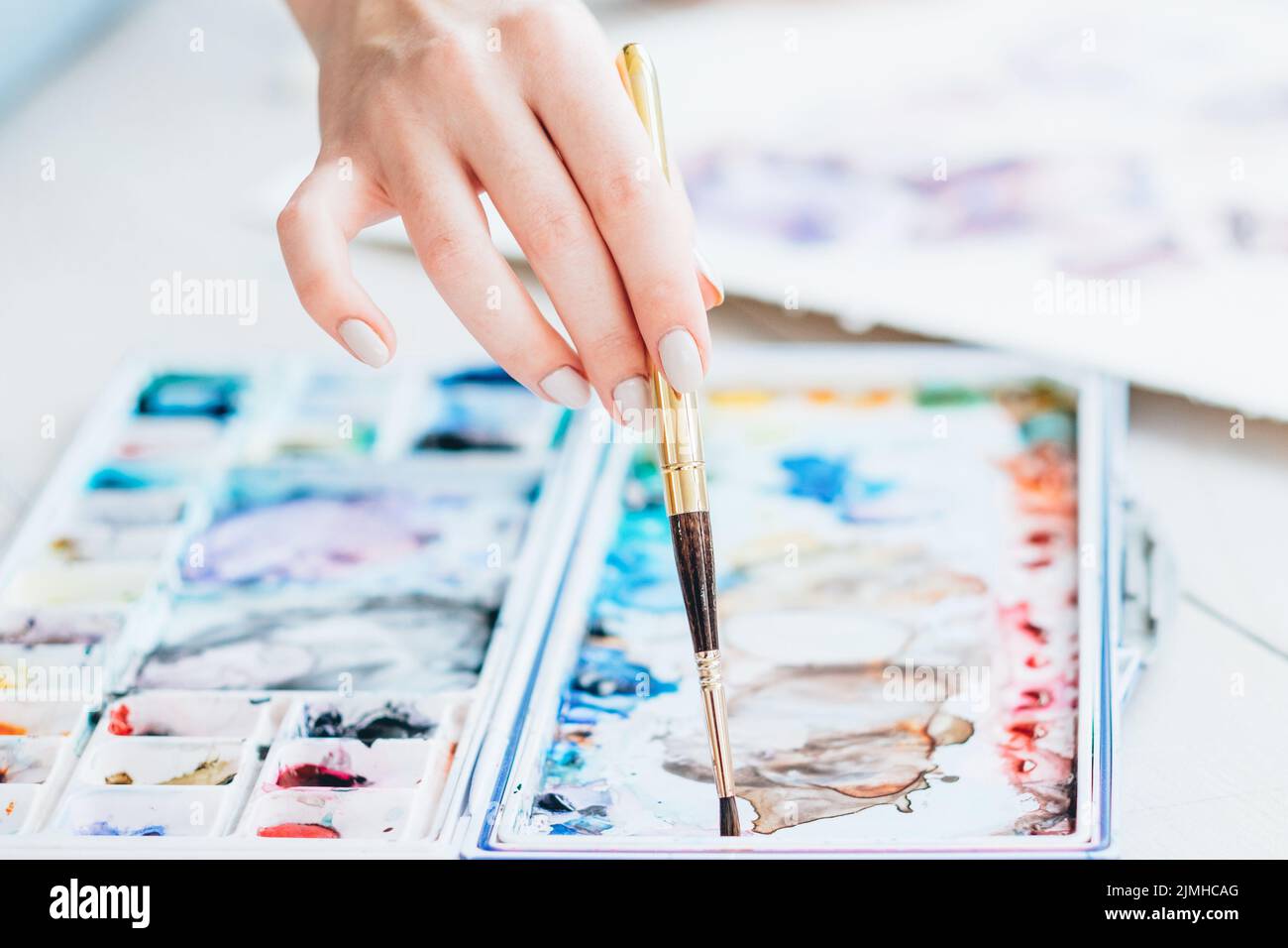 Woman Holds Sample Palette Paint Clay Stock Photo 2208849487