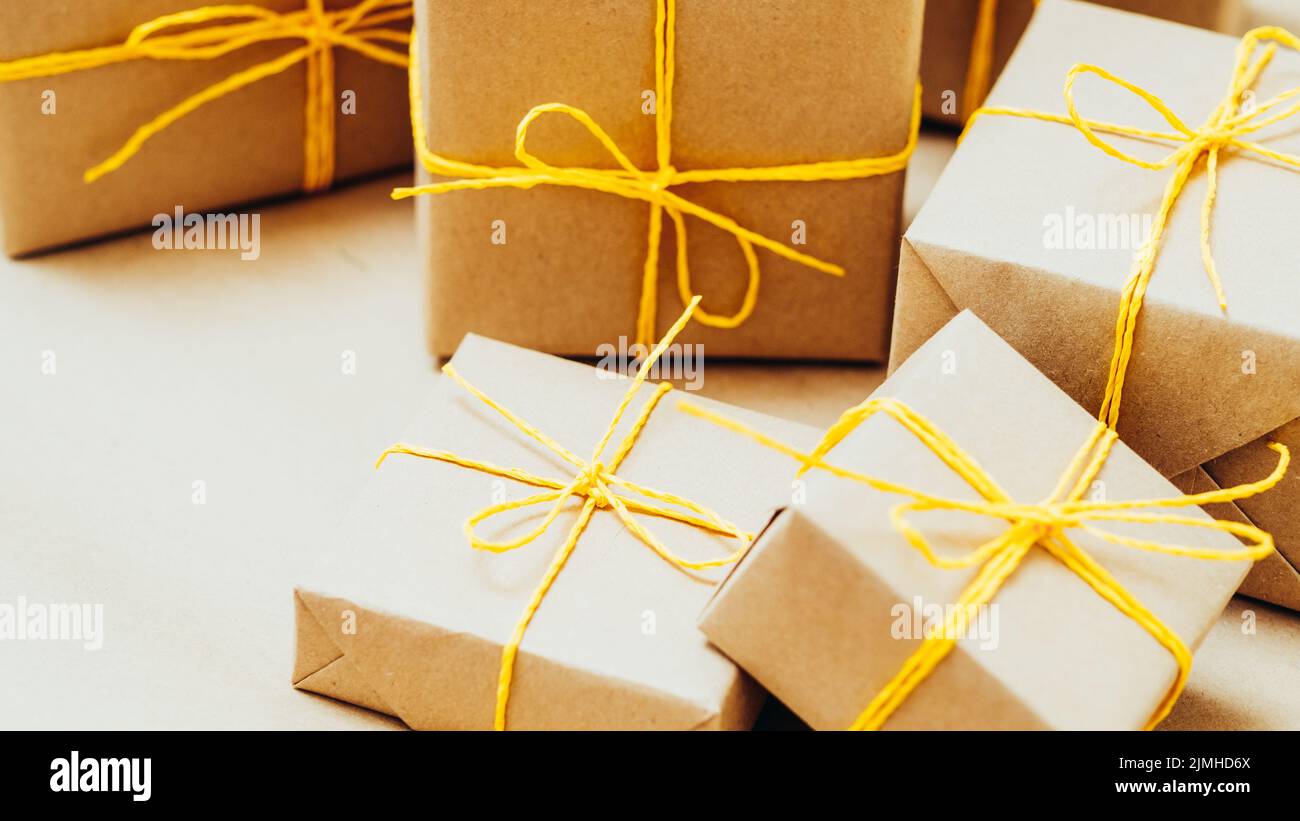 craft gift shop handmade packaging beige boxes Stock Photo