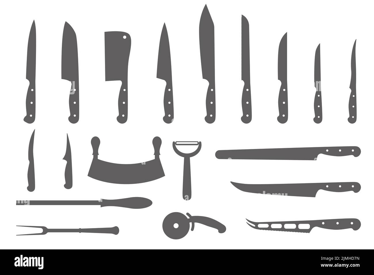 Chef knives set. Butcher meat cutting design elements. Silhouettes of