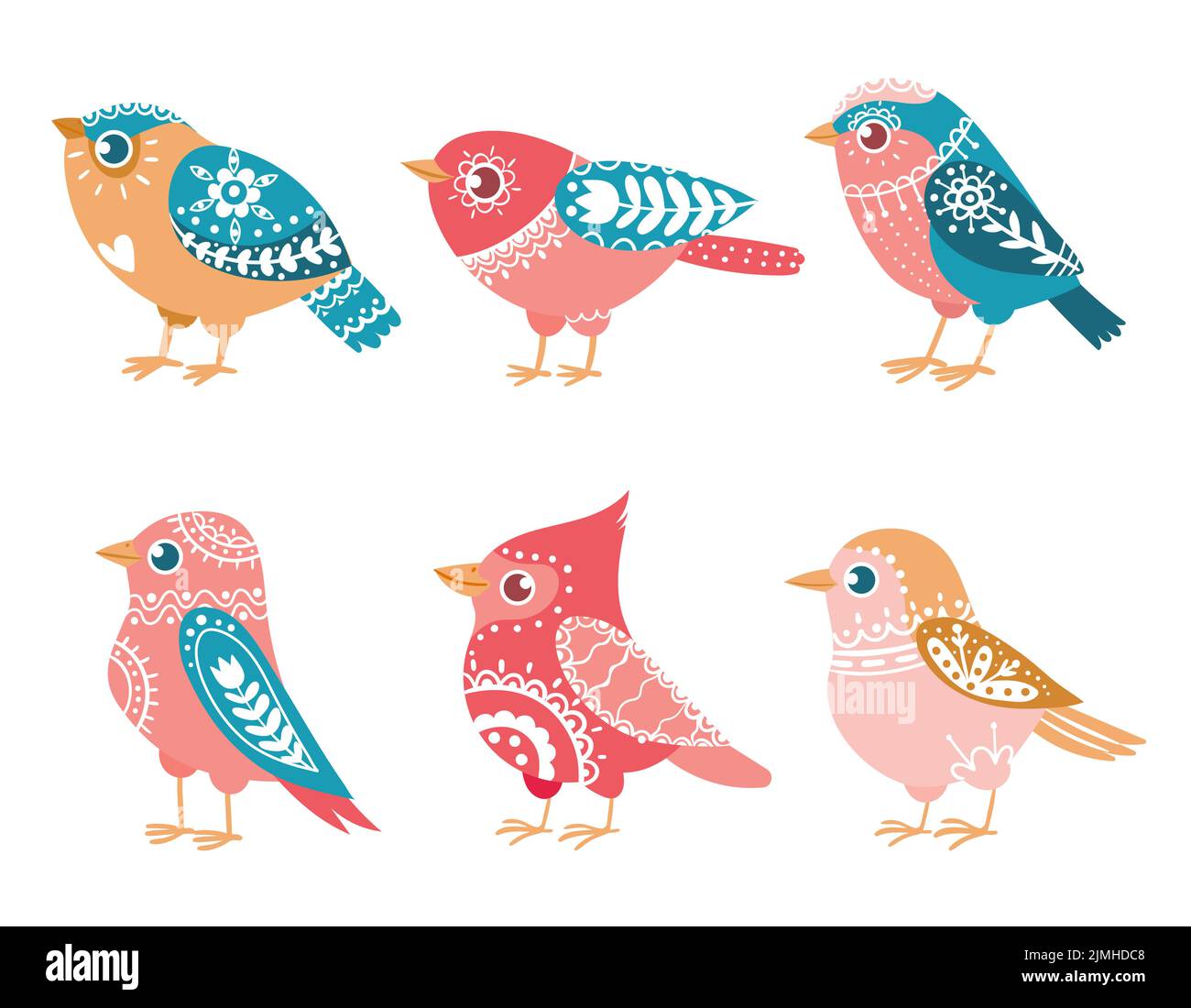 Decorative birds. Cute colorful animals with beautiful ethnic ornament. Bright feathered characters with trendy folk elements decoration in Scandinavi Stock Vector