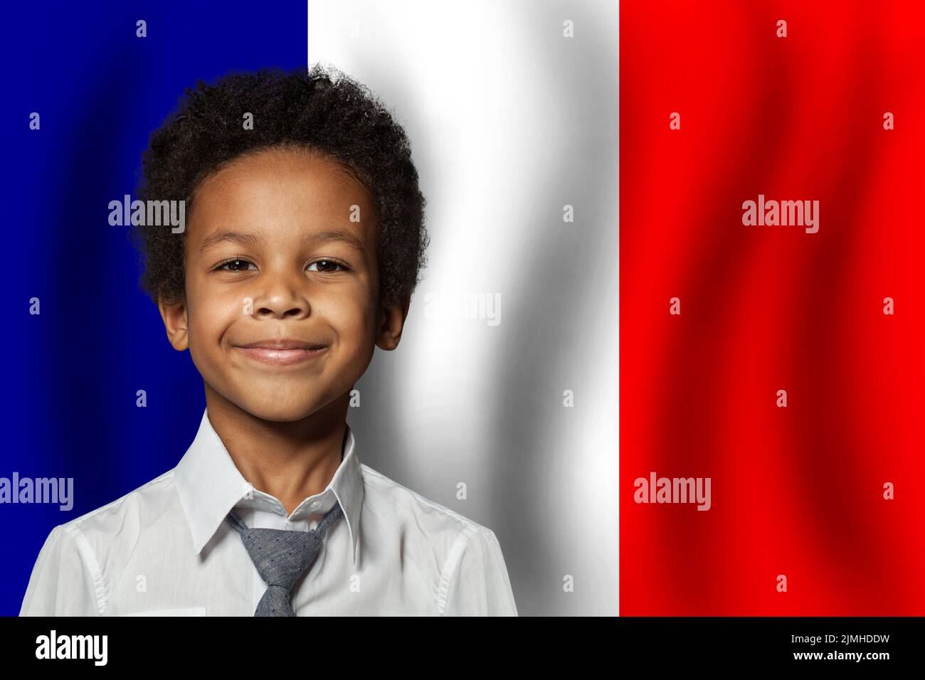 French kid boy on flag of France background. Education and childhood