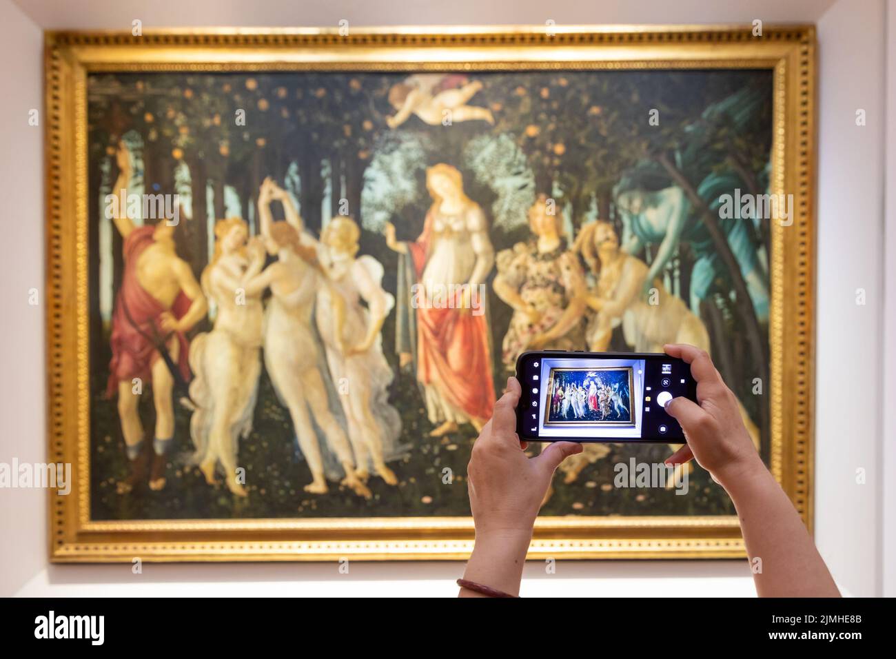 Turist taking picture of Botticelli - Spring. Caucasian woman hands with mobile Stock Photo