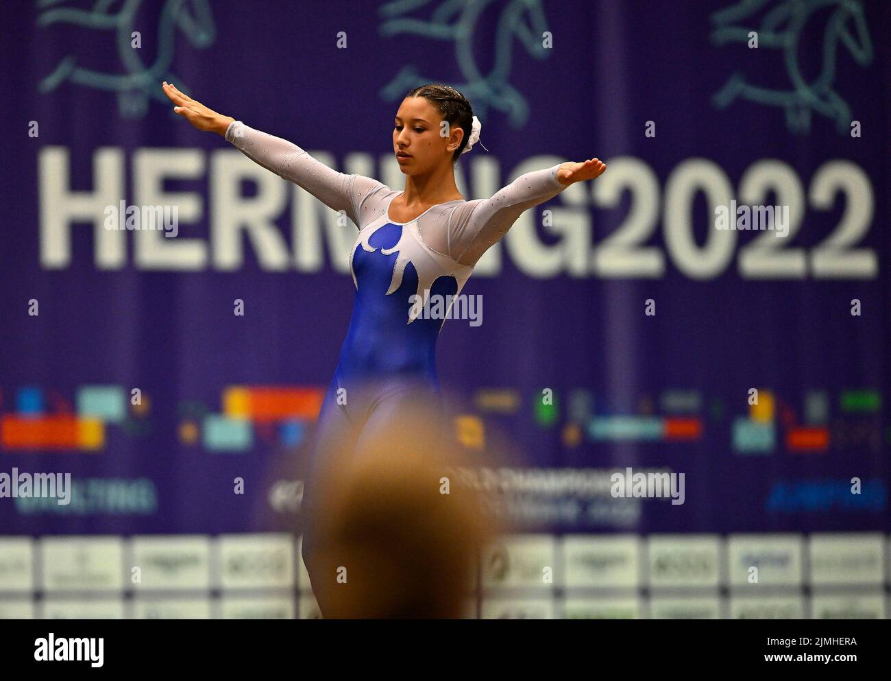 Herning, Denmark. 06th Aug, 2022. World Equestrian Games. Jyske Bank Boxen Stadium. Natasha Arrizabalaga (ARG) during the FEI world squad vaulting championship. Credit: Sport In Pictures/Alamy Live News Stock Photo