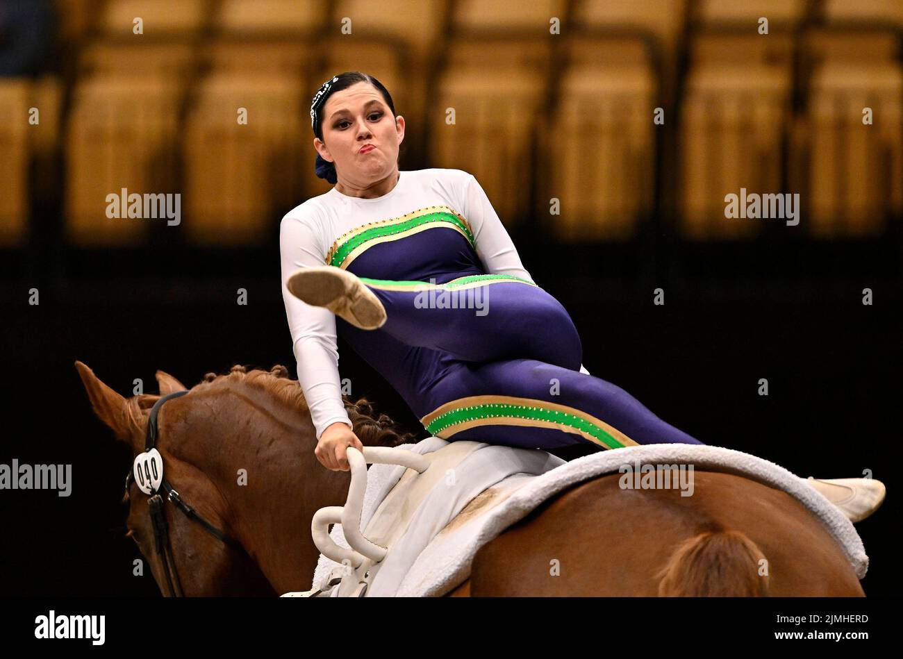 Herning, Denmark. 06th Aug, 2022. World Equestrian Games. Jyske Bank Boxen Stadium. Zoe Caddis (AUS) during the FEI world squad vaulting championship. Credit: Sport In Pictures/Alamy Live News Stock Photo