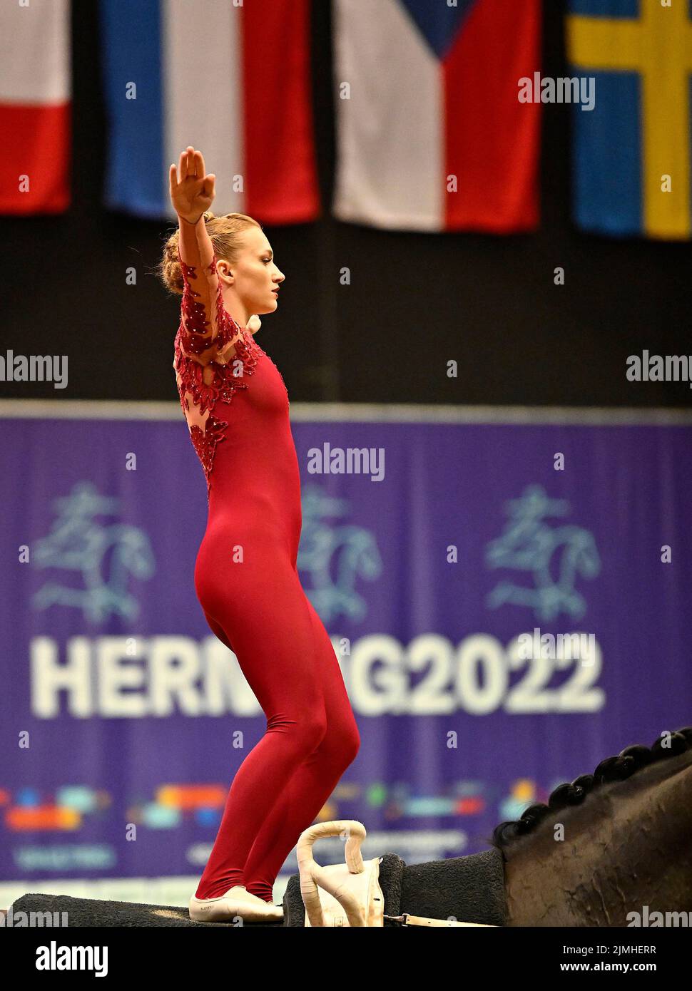 Herning, Denmark. 06th Aug, 2022. World Equestrian Games. Jyske Bank Boxen Stadium. Rebecca Friesser (AUT) during the FEI world squad vaulting championship. Credit: Sport In Pictures/Alamy Live News Stock Photo